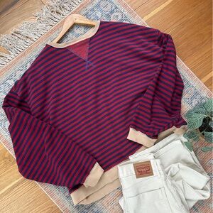 We The Free Red and Navy Striped Long Sleeve Tee with Beige Trim